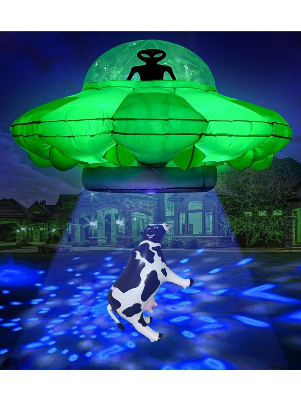 4.2FT Inflatable Alien UFO Party Decor with LED Lights - Halloween Cow Abduction